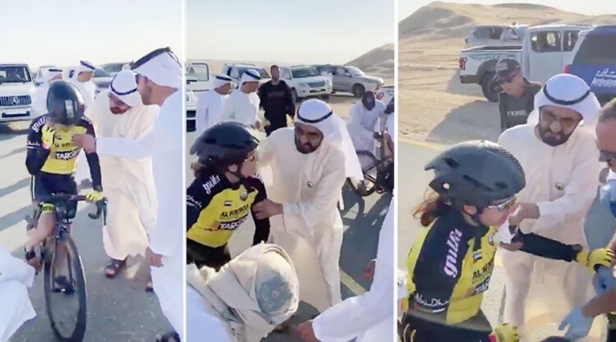 Sheikh Mohammed helps Cyclist Anan Al Amri, after a Fall