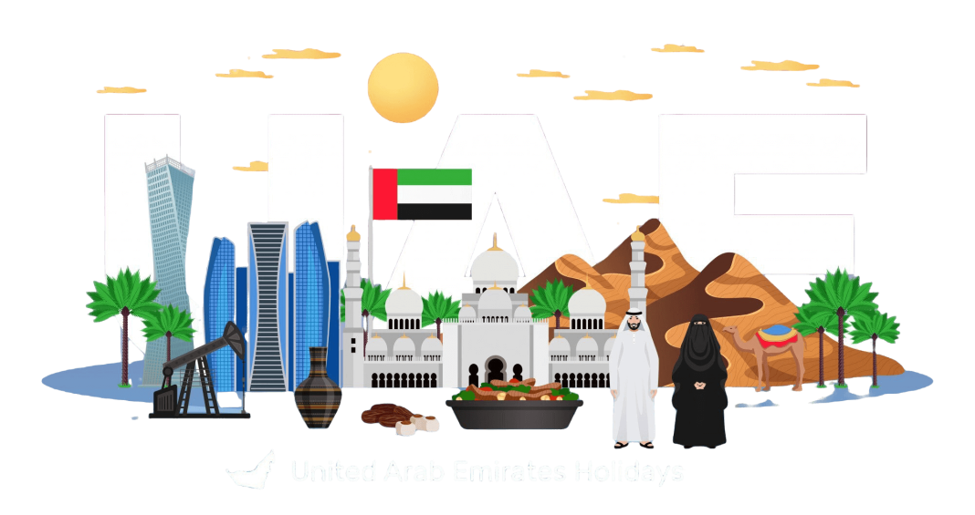 UAE travel flat horizontal composition with tourists attractions national flag clothing dishes natural monuments architecture illustration