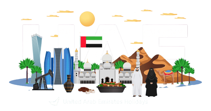 UAE travel flat horizontal composition with tourists attractions national flag clothing dishes natural monuments architecture illustration