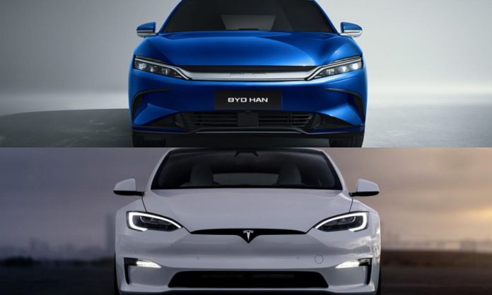 Tesla and BYD from the front