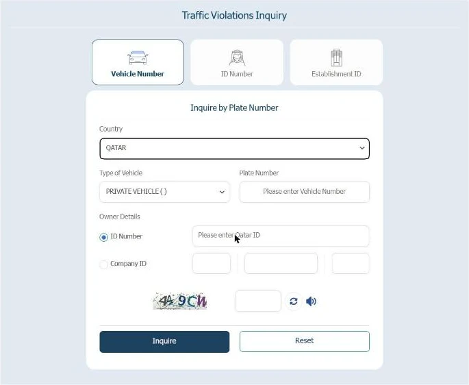Qatar traffic violations inquiry by vehicle plate number